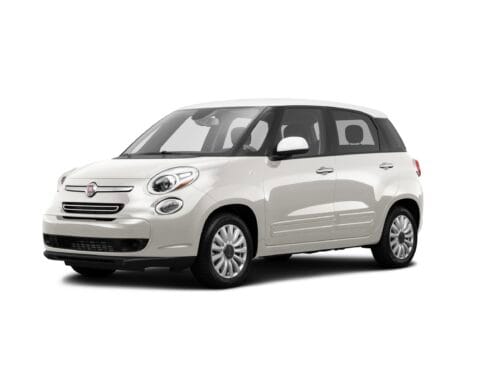 White Fiat 500L compact car with a rounded design and five doors.