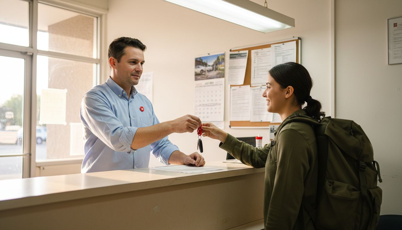 Customer receives keys at car rental desk