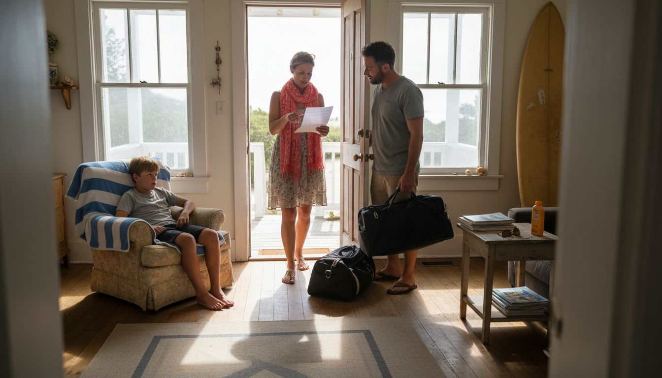 Family reviewing seasonal rental agreement in beach house