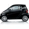 Black compact two-seater smart car on white background.