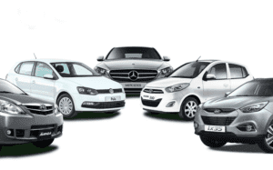 Variety of cars on display including luxury sedan