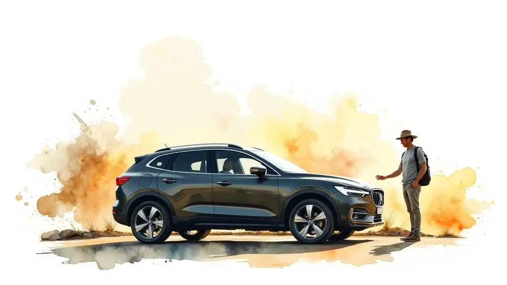 A gray SUV parked with a person wearing a hat standing beside it, illustrated with a watercolor effect.