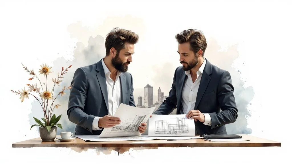 Two men in suits examining architectural drawings on a table with a city skyline in the background.