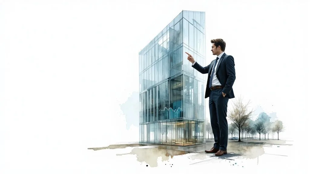 Businessman in a suit pointing at a modern glass building with a minimalist design.
