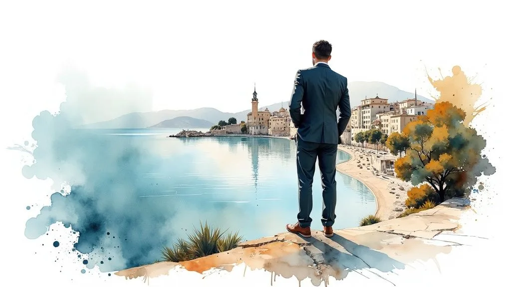 A man in a suit standing on a ledge overlooking a calm coastal scene with buildings and mountains in the background.
