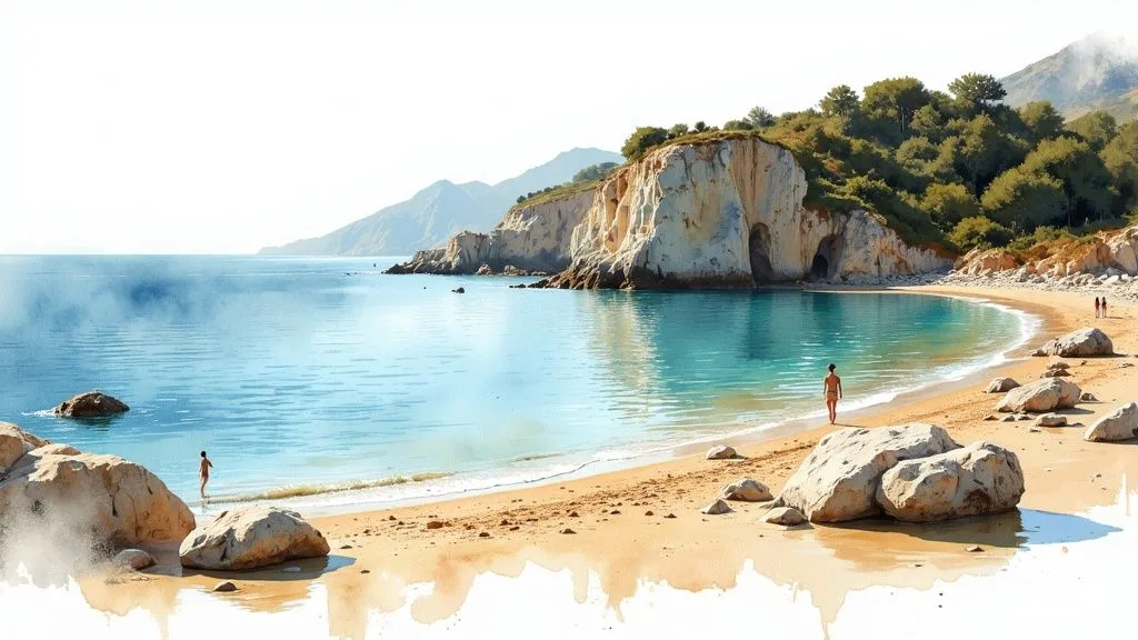 Scenic coastal landscape featuring a beach with rocks and calm water under a clear sky.