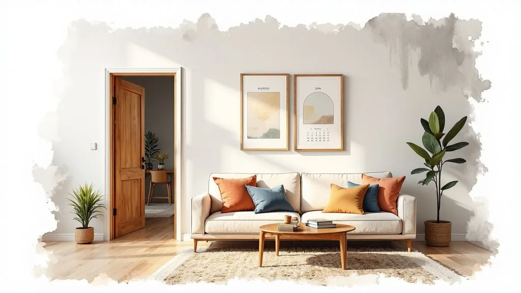 A modern living room featuring a beige sofa with decorative pillows and framed artwork on the wall.