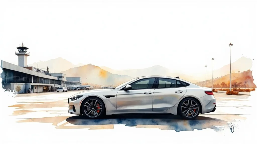 A white sports sedan parked on an airport tarmac with a control tower in the background.