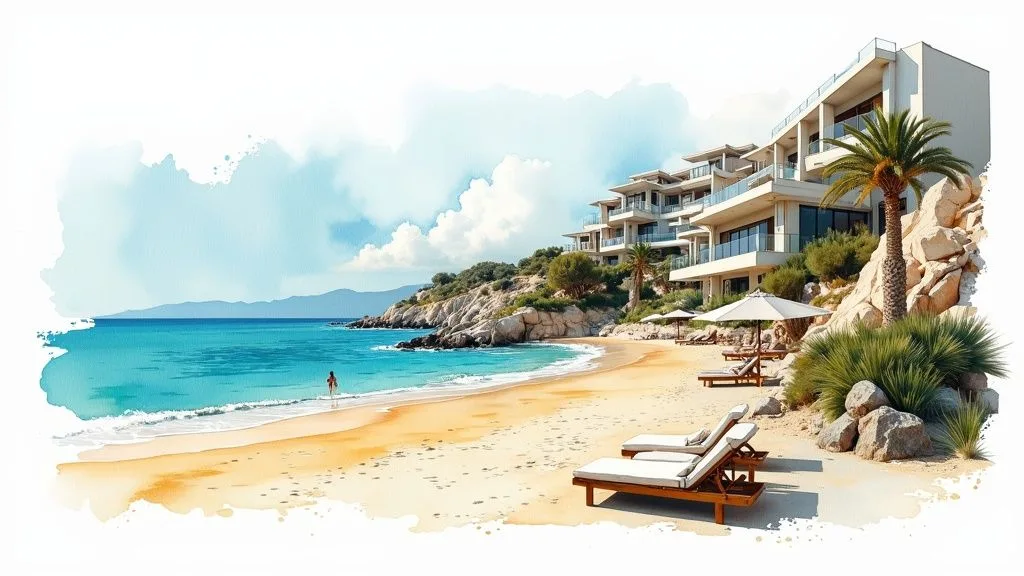 Illustration of a beachfront resort with lounge chairs and palm trees near the water.