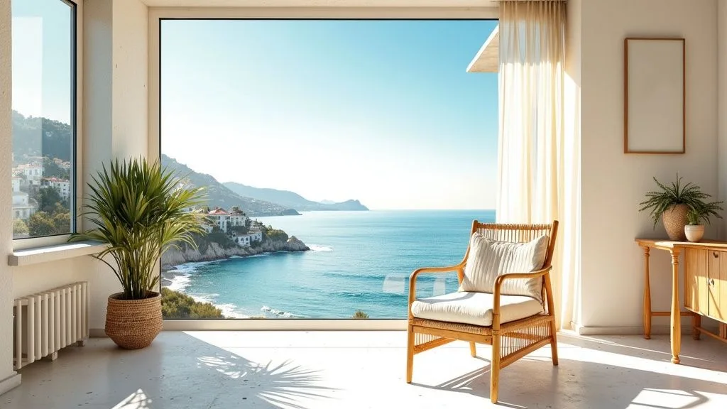 A modern interior with a large window showcasing a coastal view of the sea and mountains.
