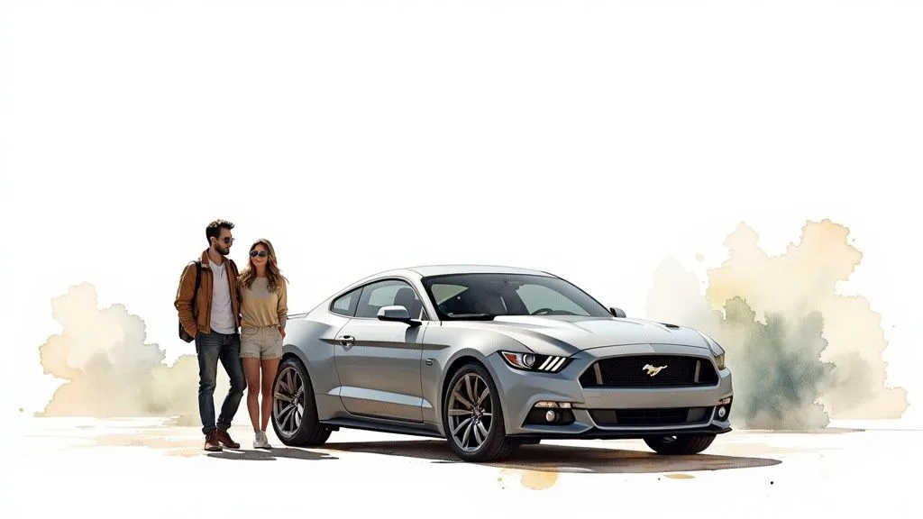Silver Ford Mustang sports car parked next to a couple walking on a road.