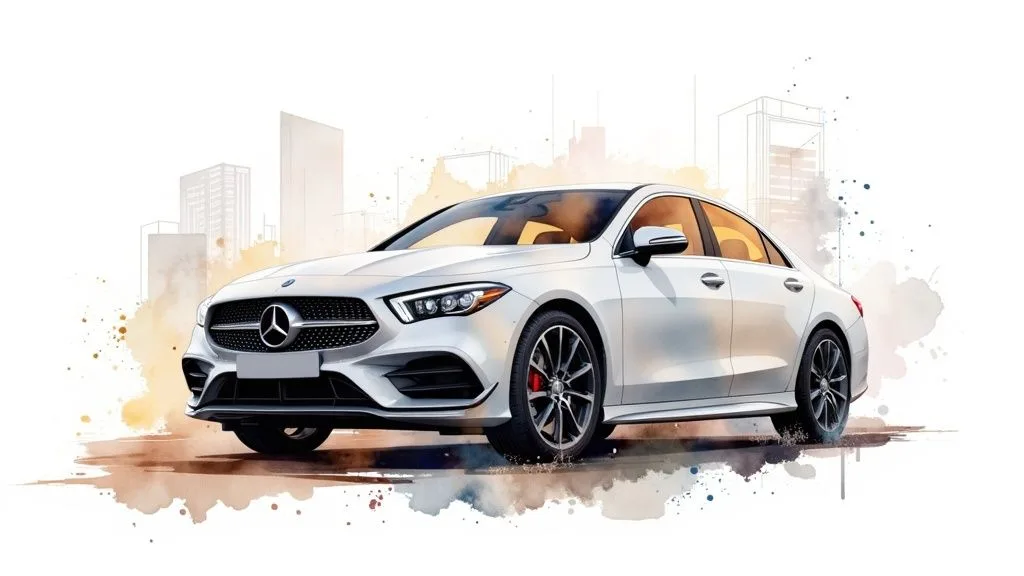 Illustration of a white Mercedes-Benz car with a modern design and city skyline background.
